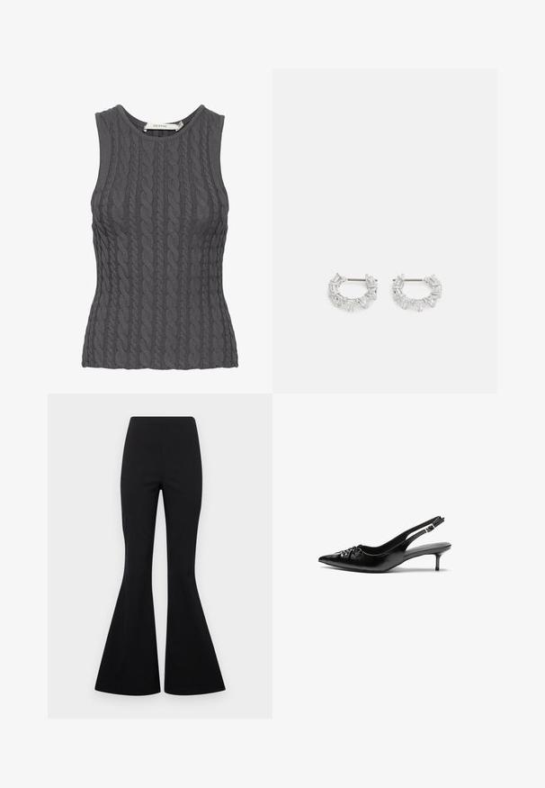 Pilkas be rankovių megztinis su kabelių raštu, apvaliu iškirpimu, pasižymintis tekstūruotu raštu ir aptempta forma. Prekės ženklo etiketė matoma viduje.; Juodos plačios kelnės, pagamintos iš tamprių audinių su lygiu paviršiumi, turi aukštą liemenį ir plačias, varpo formos kojas.; Juodi odiniai aukštakulniai su dirželiais, smailia nosimi, žemu katinėlio kulniuku ir susitraukiančia detale ant bato viršaus. Lygi tekstūra ir minimalistinis dizainas.; Sidabrinės auskarų kabliukų formos auskarai, papuošti aiškiais, stačiakampiais ir trikampiais kristalais, kurie išdėstyti raštuotu dizainu. Tvirtinimai, užtikrinantys saugų prilaikymą.