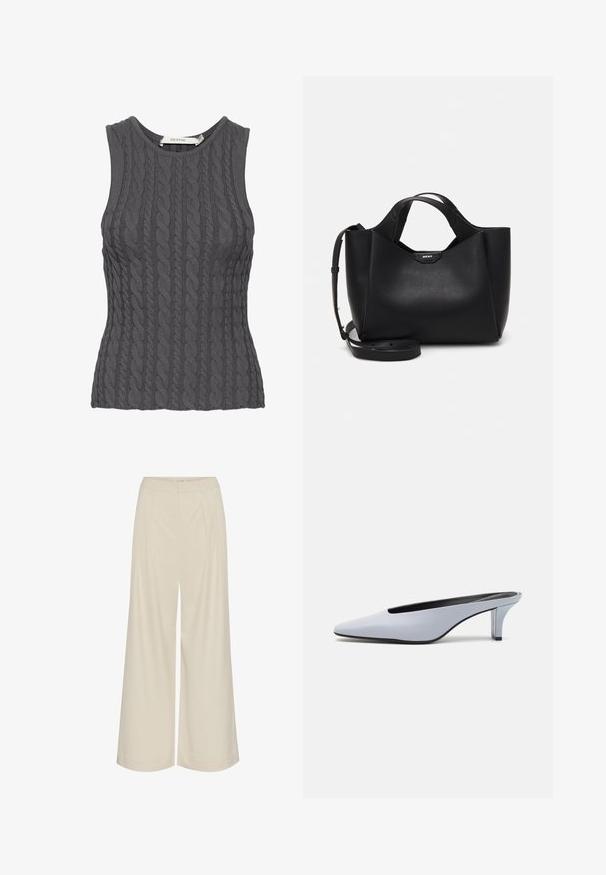 Siva brezrokavna pulover s kabelskim pletenjem in okroglim izrezom, ki ima teksturiran vzorec in prilegan kroj. Vidna oznaka blagovne znamke znotraj.; Široke hlače iz svetlo bež tkanine, z gubami, visokim pasom in gladko strukturo brez vidnih okraskov.; Svetlo modre lakirane mule s poudarjenim nosom, nizkim prozornim petam in elegantnim dizajnom z izrezom na sprednjem delu.; Črna usnjena torbica z teksturiranim zaključkom, angularno obliko, dvema ročajema in nastavljivim ramenskim trakom. Opremljena z naglasom logotipa DKNY.