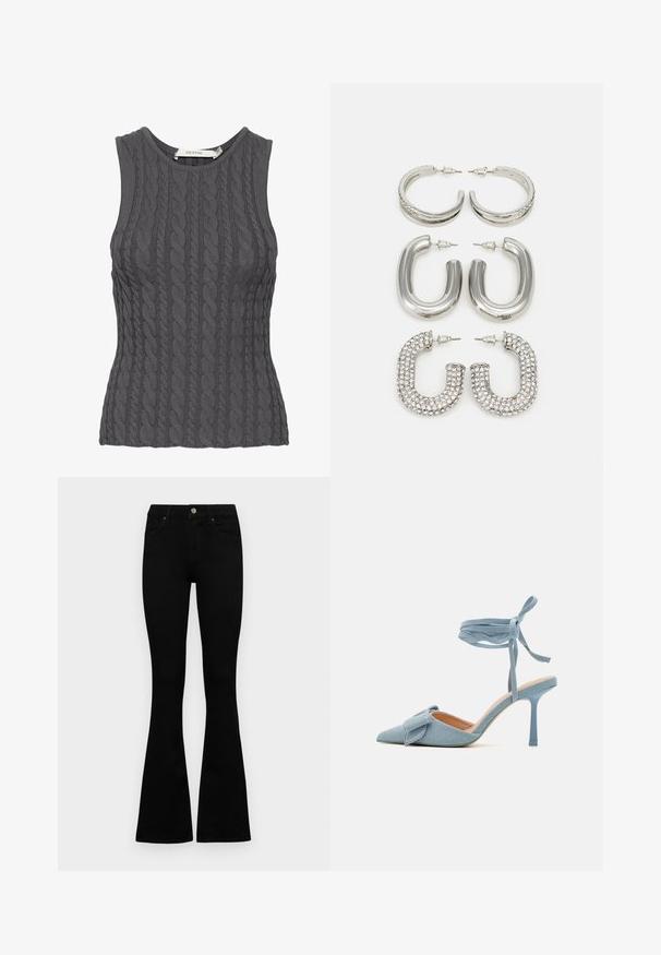 Grauer ärmelloser Pulli mit Kabelstrickmuster und rundem Ausschnitt, der ein strukturiertes Muster und eine taillierte Form aufweist. Markenetikett innen sichtbar.; Schwarze hochtaillierte Jeans mit einem Knopf- und Reißverschluss, Fronttaschen und ausgestellten Beinen, flach auf einem weißen Hintergrund ausgelegt.; Spitz zulaufender High Heel Schuh aus hellblauem Stoff mit strukturiertem Finish, versehen mit einem Schleifenakzent und einem Knöchelriemen für sicheren Halt.; Vier Paar silberne Ohrringe: zwei glänzende, glatte Creolen-Designs, eines mit Textur und eines mit kleinen, klaren Strasssteinen bedeckt.