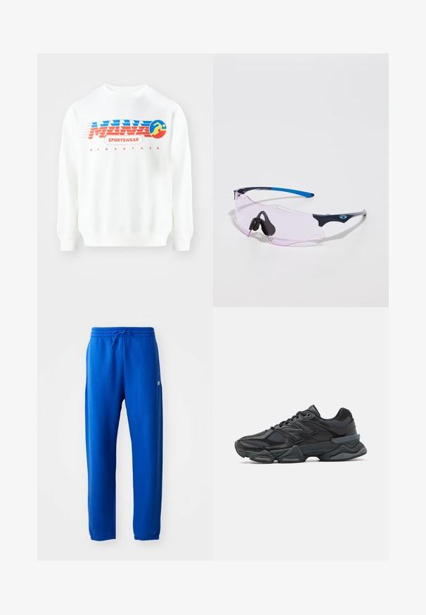 Valge sviiter punase ja sinise graafilise disainiga. Omab teksti "SPORTSWEAR" ja ringikujulist ikooni jooksjast. Klassikaline lõige, pikad varrukad.; Sinised dressipüksid, mis on valmistatud pehmest kangast, elastse vöökohaga ja nööridega, kitsenevate jalgadega ning väike logodetail külgedel.; Mustad mustus jooksukeng, mis sisaldab segu võrgust ja sünteetilisest materjalist, jäme talla, kaarduv disain ja silmapaistev bränding külgedel.; Spordiprillid läbipaistvate roosade läätsedega. Omavad tumepunaseid ja heledat halli raamistikku. Reguleeritavad nina padjad suurendavad mugavust.