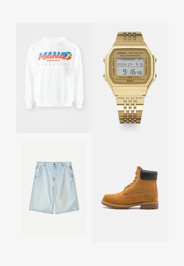 Biela mikina s grafickým dizajnom v červenej a modrej farbe. Obsahuje text "SPORTSWEAR" a okrúlu ikonu behúceho postavy. Klasický strih, dlhé rukávy.; Svetlo modré denimové šortky s rovnym strihom, majú pútka na opasek, päť vreciek a jemné vyblednutie. Klasická bavlnená textúra.; Tyrkysové semišové členkové topánky s čiernym polstrovaným golierom, zlatými kovovými očkami, bielym prešívaním a robustnou gumovou podrážkou s výraznými drážkami.; Zlatý digitálny náramkový hodiniek s obdĺžnikovým čelom, funkciou sledovania krokov, vodotesnosťou a kovovým náramkom. Zobrazuje čas a dátum.