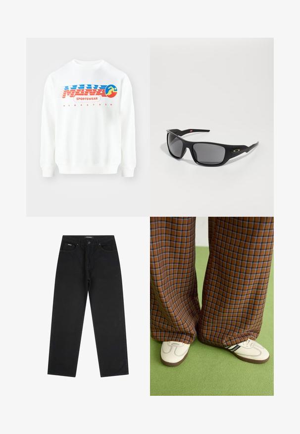 Sweatshirt branco com design gráfico em vermelho e azul. Apresenta o texto "SPORTSWEAR" e um ícone circular de uma figura a correr. Corte clássico, mangas longas.; Jeans pretos de perna reta com botão e fecho na frente, passantes para cinto e design de cinco bolsos, deitados sobre um fundo branco.; Calças largas em padrão xadrez castanho e azul, combinadas com sapatos brancos com detalhes pretos e solas texturizadas, contra um fundo verde.; Óculos de sol pretos com forma retangular, feitos de plástico durável, com lentes cinzas e um detalhe dourado na lateral.