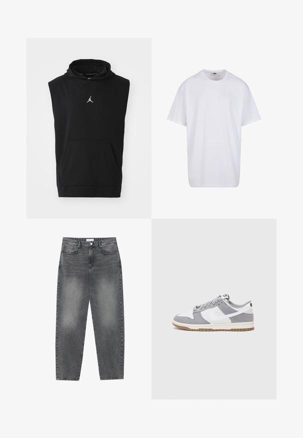 Fekete ujjatlan kapucnis pulóver, pamut keverékből készült, elöl kenguruzsebbel, a mellrészen pedig fehér Jordan logóval.; Fehér pamut póló rövid ujjal, kerek nyakú, laza szabású, és nincsenek látható logók vagy minták. Simább textúra és minimalista dizájn.; Magasan szabott, bővebb szabású farmernadrág fakó fekete denim anyagban. Öt zsebbel, övhurkokkal és tiszta, egyenes lábszár dizájnnal rendelkezik.; Szürke és fehér sportcipő, velúr és bőr felsőrésszel, kerek orral, lapos fűzőkkel és gumitalppal, amelyen rágógumi színű díszítés található.