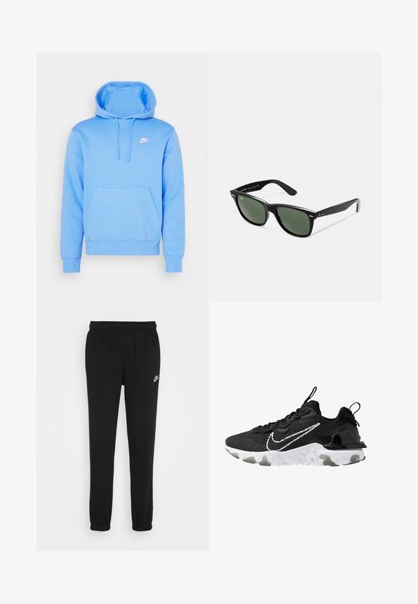 Sweatshirt Nike azul claro, feito de tecido suave, com um bolso frontal, capuz com cordão e logótipo branco no peito. Design clássico de pullover.; Calças de fato de treino pretas com um cinto elástico, pernas ajustadas e um pequeno logótipo da Nike em branco no lado esquerdo. Feitas de um tecido macio texturizado.; Sapatilha atlética preta com um cabedal de tecido texturizado, swoosh branco da Nike e sola branca espessa. Apresenta uma alça no calcanhar para facilitar o calçar.; Óculos de sol de plástico preto com lentes verdes, armações quadradas, detalhe prateado na sobrancelha e hastes texturizadas. Marca indicada na parte interna da haste.