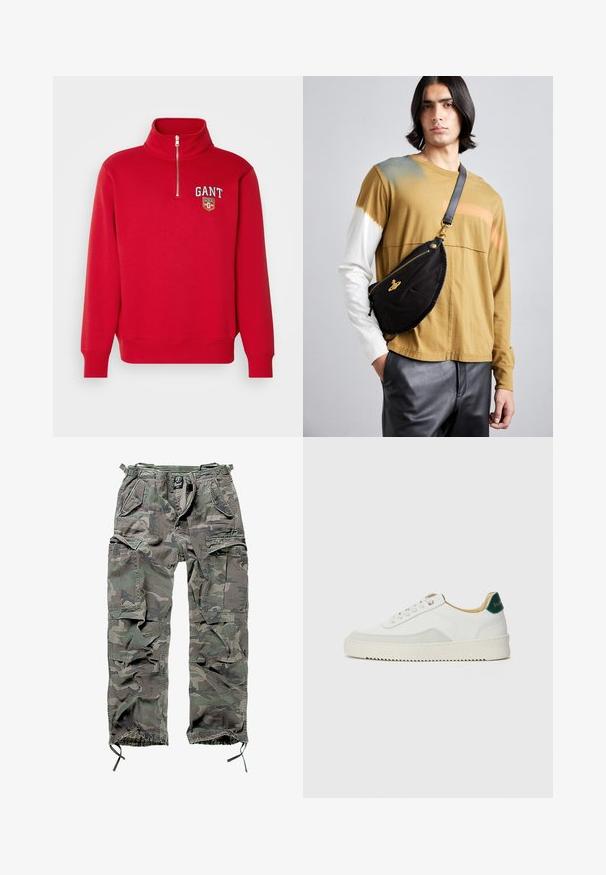 Crvena dukserica s visokim ovratnikom i polu-zipom. Ima izvezeni logo na prsima. Mekani materijal s glatkom teksturom.; Zelena i siva kamuflažna cargo hlače s više džepova, elastičnim pojasom, podesivim manžetama na gležnjevima i ležernim krojem.; Bijele tenisice s akcentima od antilopa, zaobljenim vrhom, ravnim vezicama i krem gumenim potplatom. Imaju zelenu oznaku na peti.; Vivienne Westwood CITY BUMBAG UNISEX - Pojasna torbica - black