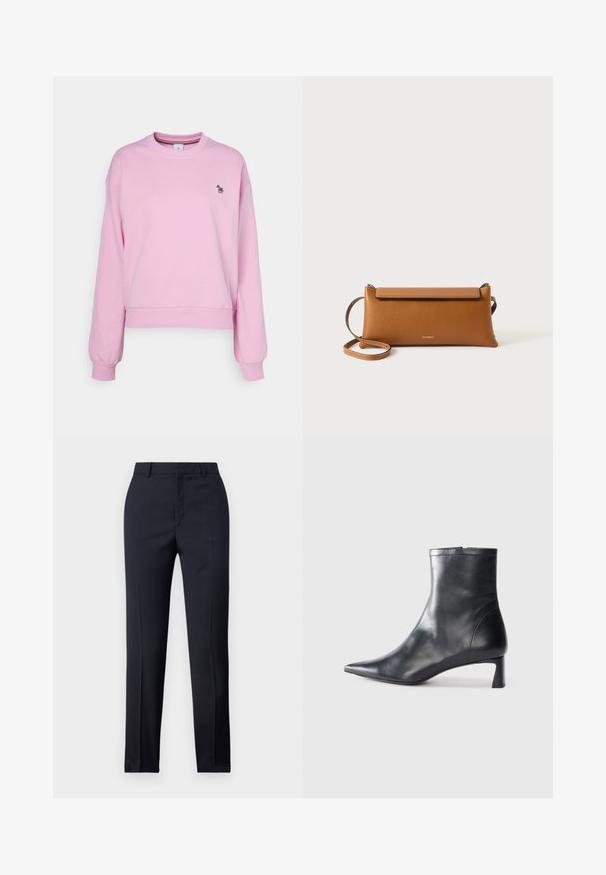 PS Paul Smith ZEBRA - Sudadera - pinks; Pantalones de corte recto en color navy, con una textura suave, dos bolsillos delanteros y una cinturilla limpia.; Botín de cuero negro hasta el tobillo con punta afilada y un diseño elegante. Presenta un tacón bajo y un cierre con cremallera en la parte trasera. Textura suave.; Bolso de mano de cuero marrón, forma rectangular, superficie texturizada, correa desmontable, cierre con cremallera, logo sutilmente grabado en el frente.