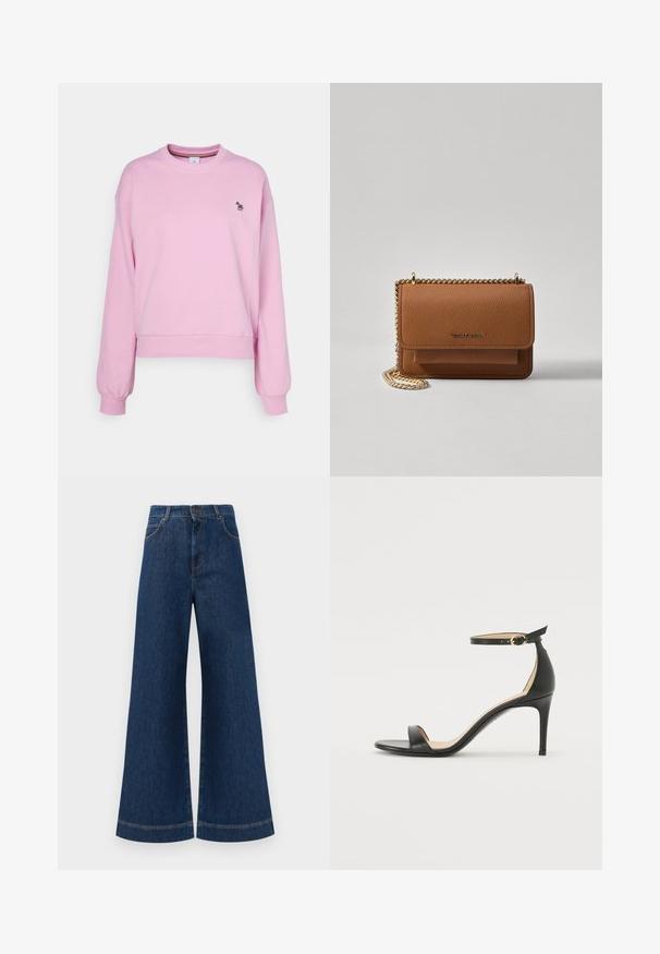 PS Paul Smith ZEBRA - Ikdienas džemperis - pinks; Plati ziladenim bikses ar augstu jostasvietu, kas aprīkotas ar pogas aizdari, jostu cilpām un nelieliem šuvju detalizējumiem ap kabatām un malām.; Melnas ādas augstpapēžu sandales ar potītes siksniņu. Iezīmes gluda tekstūra, atvērta purngala un plāna papēža. Zelta krāsas sprādzes detaļa.; Brūna teksturēta ādas plecu soma ar zelta ķēdes siksnu un atloka aizdari. Priekšpusē ir logotipa detaļa un kabata zem atloka.