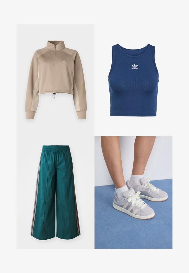 Beige, rövidített pulóver magas nyakkal, negyed cipzárral elől és húzózsinórral ellátott alsó résszel. Hosszú ujjak jellemzik, amelyek kontrasztos oldalsó panelekkel rendelkeznek.; Kék bordázott crop top, rugalmas anyagból készült, kerek nyakkivágással és egy kis fehér Adidas logóval a mellkason.; Türkis színű, bő szabású nadrág, elasztikus derékkal, melynek oldalán rózsaszín és fehér csíkos díszítések találhatóak, könnyű anyagból készült.; Szürke velúr sportcipők fehér fűzővel és gumi talppal, az oldalán három ferde csíkkal és a nyelvén logo folttal.