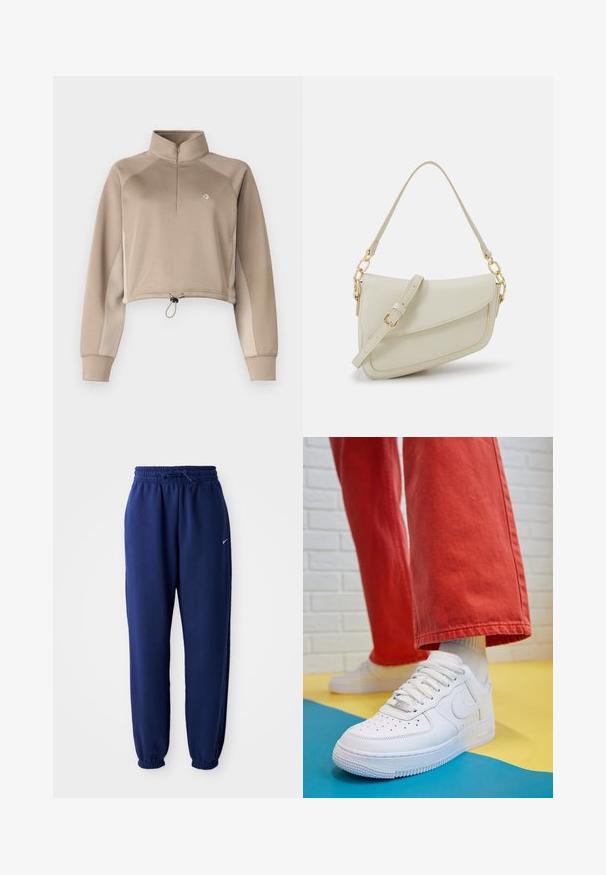 Bež kratki pulover s visokim ovratnikom, prednjim zatvaračem na četvrtinu i vezicom na dnu. Ima dugačke rukave s kontrastnim bočnim panelima.; Mornarsko plave trenirke od mekog materijala, s elastičnom strukom i vezicom, elastičnim rukavima i malim bijelim logotipom.; Bijele kožne tenisice s perforiranim prednjim dijelom, teksturiranim đonom i bijelim vezicama, u kombinaciji s širokim crvenim hlačama i plavo-žutom pozadinom.; Mala krem torbica s teksturiranim finišom, dugačkim podesivim remenom, lančanim detaljem i preklopom. Zlaćani hardver.; Zlatne kružne naušnice s glatkom, sjajnom završnom obradom. Kružni dizajn s malom potporom i prozirnom podlogom za sigurno nošenje.