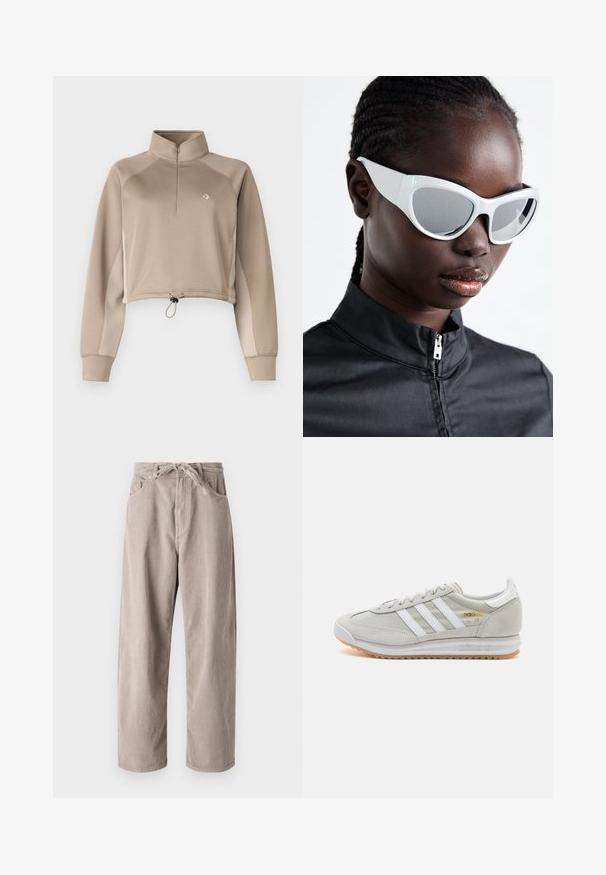 Bež kratki pulover s visokim ovratnikom, prednjim zatvaračem na četvrtinu i vezicom na dnu. Ima dugačke rukave s kontrastnim bočnim panelima.; Bež ženske hlače od kordura u slobodnom kroju, s elastičnim pojasom, dva prednja džepa i vertikalnom rebrastom teksturom.; Svijetlosivi tenisice od antilopa i mrežice, s tri bijele pruge, okruglim vrhom i gumenom potplatom. Zlatni logo akcent blizu vezica.; Bijele sunčane naočale s hrabrim, prevelikim dizajnom i zrcalnim lećama, s glatkim plastičnim okvirom i naglašenim zakrivljenjima.; Zlatne kružne naušnice, tanke i okrugle, s glatkom metalnom površinom bez ukrasa ili uzoraka.