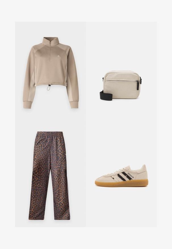 Bežs īsais pulloveris ar augstu apkakli, ceturtdaļas rāvējslēdzēju priekšpusē un stingru apakšmalu. Piedāvā garas piedurknes ar kontrastējošām sānu paneļiem.; Lāču raksta bikses ar elastīgu jostasvietu. Izgatavotas no spīdīga auduma, kurām ir brūna pamatne ar melniem plankumiem un brīvu piegriezumu.; Bēšas zamšādas kedas ar melnām svītrām un "Spezial" tekstu, aprīkotas ar teksturētu gumijas zoli un klasisku saites dizainu.; Kremkrāsas korsētas pleca soma ar melnu rāvējslēdzēju, noņemamu siksnu un teksturētu rakstu. Ietver vienu galveno nodalījumu un priekšējo kabatu.