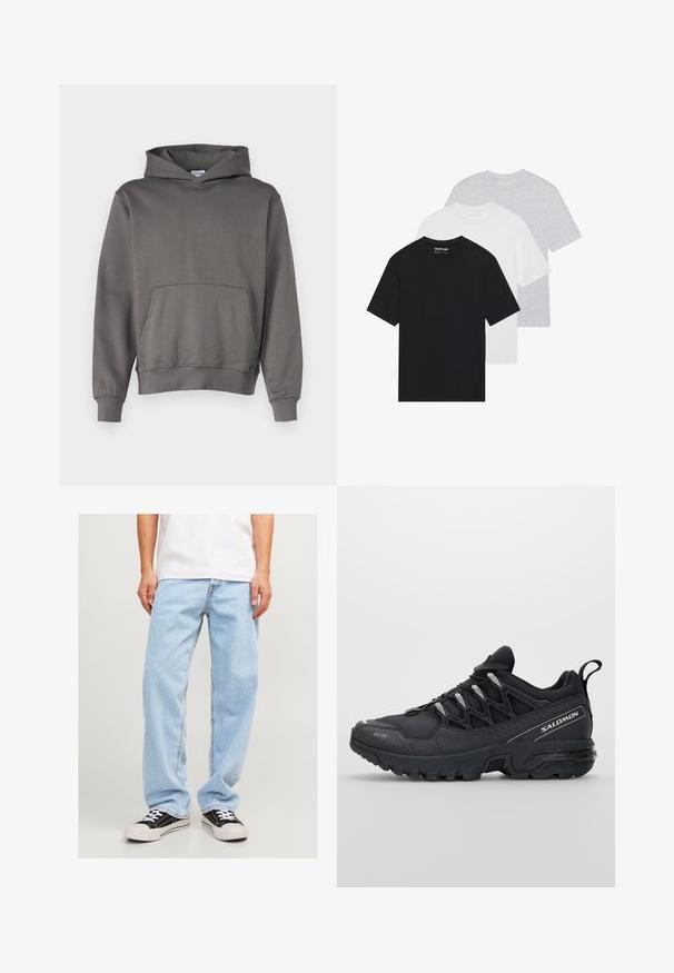 Grauer Hoodie aus weichem Material; mit einer Kängurutasche, verstellbarem Kordelzug an der Kapuze und gerippten Bündchen und Saum. Glatte Textur.; Set von drei basic T-Shirts in Schwarz, Weiß und Hellgrau. Kurze Ärmel, Rundhalsausschnitt, aus glattem Baumwollstoff. Markenlogo sichtbar.; Hellblaue Jeans aus Denim mit lockerer Passform, gerade Beinform und Standardnähte, kombiniert mit schwarzen Sneakers.; Schwarze Sportschuhe mit einem Obermaterial aus Mesh, Gummisohle und reflektierenden Akzenten. Verfügt über eine gepolsterte Sohle und ein Schnürverschlussdesign.