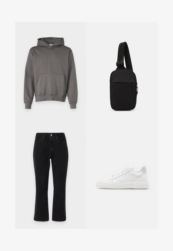 Haut à capuche gris en tissu doux ; dispose d'une poche kangourou, d'un cordon réglable à la capuche et de poignet et ourlet côtelés. Texture lisse.; Jean en denim noir présentant un design à jambe droite, un style à cinq poches et des accessoires en métal avec des accents en cuivre. Texture lisse et taille moyenne.; Des baskets en cuir blanc avec une finition lisse, un bout rond, des lacets plats et une semelle texturée. Accents en daim gris au niveau du talon.; Sac bandoulière noir en tissu durable, avec une seule sangle ajustable, un compartiment principal zippé et une poche avant.