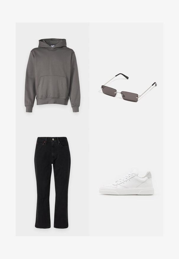 Felpa grigia realizzata in tessuto morbido; presenta una tasca a marsupio, cappuccio con cordino regolabile e polsini e orlo a coste. Texture liscia.; Jeans in denim nero con una vestibilità a gamba dritta, stile a cinque tasche e accessori in metallo con dettagli in rame. Texture liscia e vita media.; Sneaker bianche in pelle con finitura liscia, punta arrotondata, lacci piatti e suola texturizzata. Accento in suede grigio sul tallone.; Occhiali da sole con lenti rettangolari di colore grigio scuro, montatura in metallo argentato e punte nere in plastica sulle asticelle. Design leggero con cuscinetti per il naso.