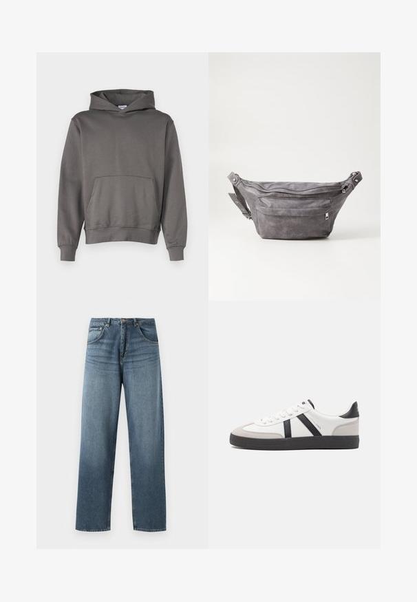 Szara bluza z kapturem, wykonana z miękkiego materiału; posiada kieszeń kangurką, regulowany kaptur ze sznurkiem oraz ściągacze przy mankietach i u dołu. Gładka struktura.; Proste niebieskie dżinsy o wypłukanym kolorze, z pięcioma kieszeniami, metalowym guzikiem i szlufkami na pasek. Strukturalny, średniej gramatury materiał.; Białe sneakersy z czarnymi i szarymi akcentami, z teksturowanym szarym czubkiem, czarną gumową podeszwą i płaskimi białymi sznurowadłami. Czysty design, minimalistyczny styl.; Szara zamszowa saszetka biodrowa o zaokrąglonym kształcie, z dwoma zasuwanymi komorami i regulowanym paskiem. Wyróżnia się metalowymi akcentami.