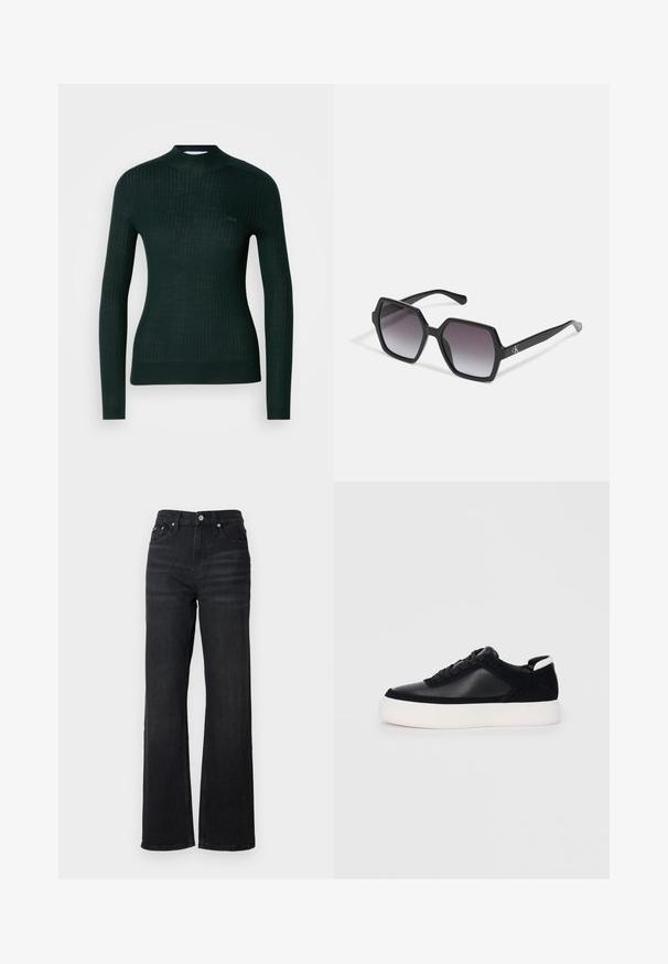 Tume roheline soonikkoes pikkade varrukatega sviiter, millel on vale kaelus ja väike broderi logo vasakul rinnal.; Mustadelle laiade jalad teksad mustas värviss, kõrge vöökohaga, viie taskuga kujundus ja hõbedane metallne nupp. Kanga tekstuur on sile ja veidi veniv.; Mustad mustad spordijalanõud siledast nahast ja sametist paneelidega, lame nööriga, ümar varvas ja valge kummist tallaga. Erakordne logo kontsas.; Mustad kuuekülgsed prillid gradueeritud läätsedega, millel on läikiv viimistlus ja peene bränding põlvel. Vastupidav plastikust konstruktsioon.