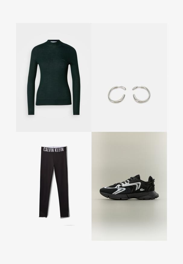 Sötétzöld, bordás, hosszú ujjú pulóver, állított nyakkal és kis hímezett logóval a bal melleden.; Fekete leggings fehér "CALVIN KLEIN" logóval a derékrészen. Simára megmunkált anyag, testhezálló kialakítás, hálós betétekkel a bokáknál.; Fekete sportcipők hálós betétekkel, ezüst díszítésekkel és textúrált fekete borítással. Fűzővel és ívelt, masszív talppal rendelkezik.; Ezüst gyűrű fülbevalók sima, lekerekített formával és fényes, polírozott felülettel. Minimalista alakjukkal és enyhe nyitással rendelkeznek.