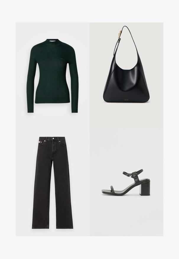 Suéter de mangas longas, com riscas, em verde escuro, com um pescoço falso e um pequeno logo bordado no lado esquerdo do peito.; Jeans de perna larga pretos feitos de denim, apresentando uma cintura alta, estilo de cinco bolsos e um fecho em botão de metal com costura contrastante.; Sandal de bloco em pele preta com uma tira larga sobre os dedos e uma tira ajustável no tornozelo, apresentando um design elegante e minimalista.; Bolsa de ombro em couro preto com uma textura suave, silhueta curvada e um detalhe em metal dourado. Apresenta logótipo da marca em relevo na base.