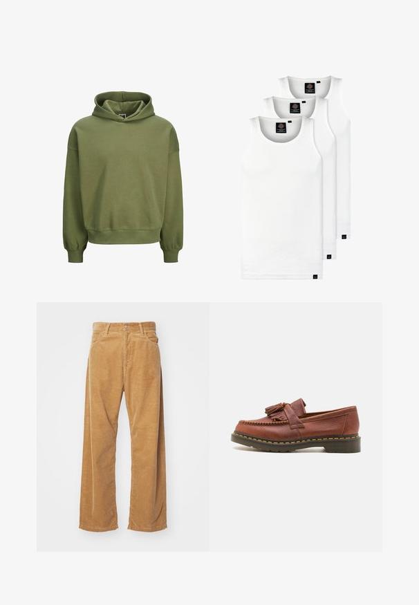 Jack & Jones EINFARBIG - Hoodie - cypress; Three white ribbed tank tops made of cotton. Features a crew neck and small black labels near the hem. Available in multiple sizes.; Corduroy wide-leg pants in a tan color. Features textured, vertical ridges, with a standard waistband and two front pockets.; Brown leather moccasin with tassel accents, textured surface, and contrasting yellow stitching along the black rubber sole. Side view.
