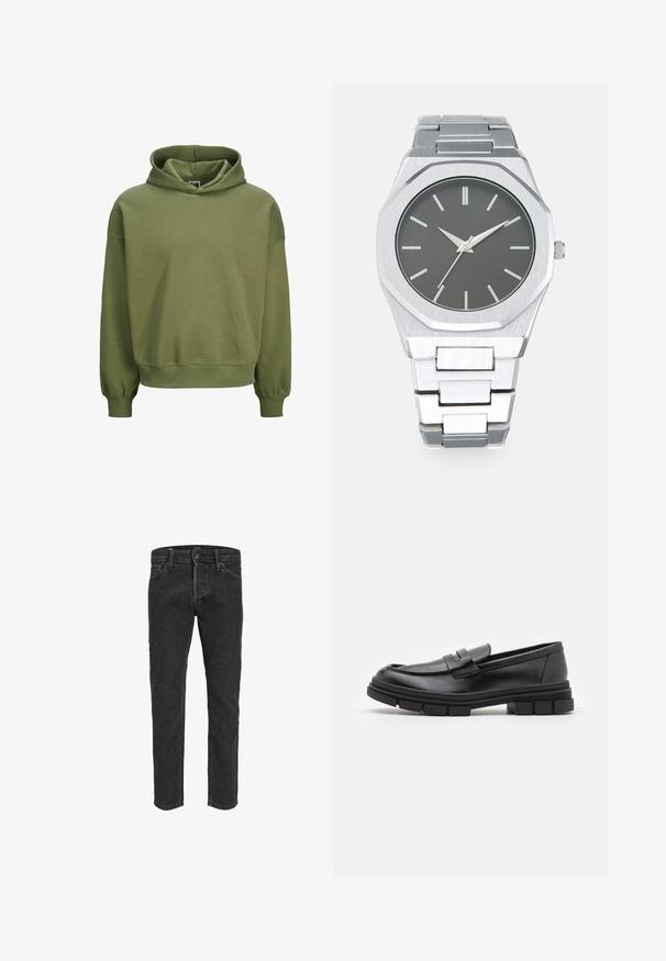Jack & Jones EINFARBIG - Pulover s kapuco - cypress; Črne jeans hlače s ravnim krojem, petimi žepi in zankami za pas, ki imajo rahlo zbledel videz in kontrastne šive.; Črne usnjene loafersice z gladkim zaključkom, ki imajo sprednji trak in debel gumijast podplat z utori.; Srebrna analogna ura z osmokotno ohišje, siva številčnica, srebrni kazalci ter pas iz nerjavečega jekla. Minimalističen dizajn s hladno teksturo.