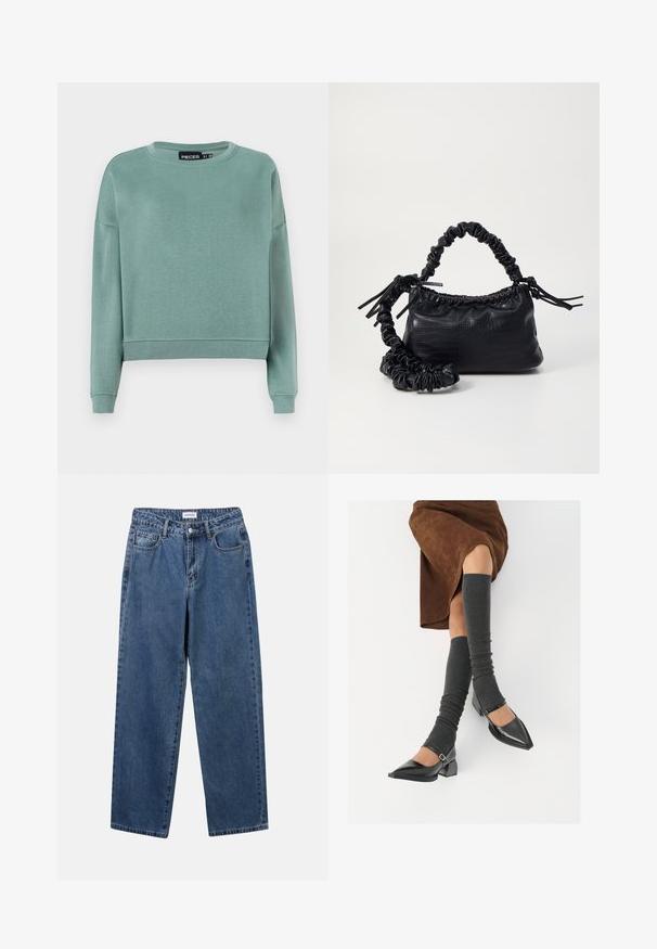 Világoszöld, rövidített pulóver, puha anyagból készült, kerek nyakú és hosszú ujjú, bordázott mandzsettákkal, látható minta nélkül.; Klasszikus kék farmernadrág egyenes szárú dizájnal, öt zsebbel és gombos zárással. Közepes mosású és strapabíró textúrával rendelkezik.; Fekete lakk bőrből készült, hegyes orrú cipők, tömbsarkúakkal és bokapánttal, szürke bordás lábszármelegítőkkel és barna velúr szoknyával párosítva.; Fekete műbőr kézi táska krokodil bőr textúrával, összehúzható tetejű és gyűrt pánttal. Lágy és kompakt dizájnúnak tűnik.