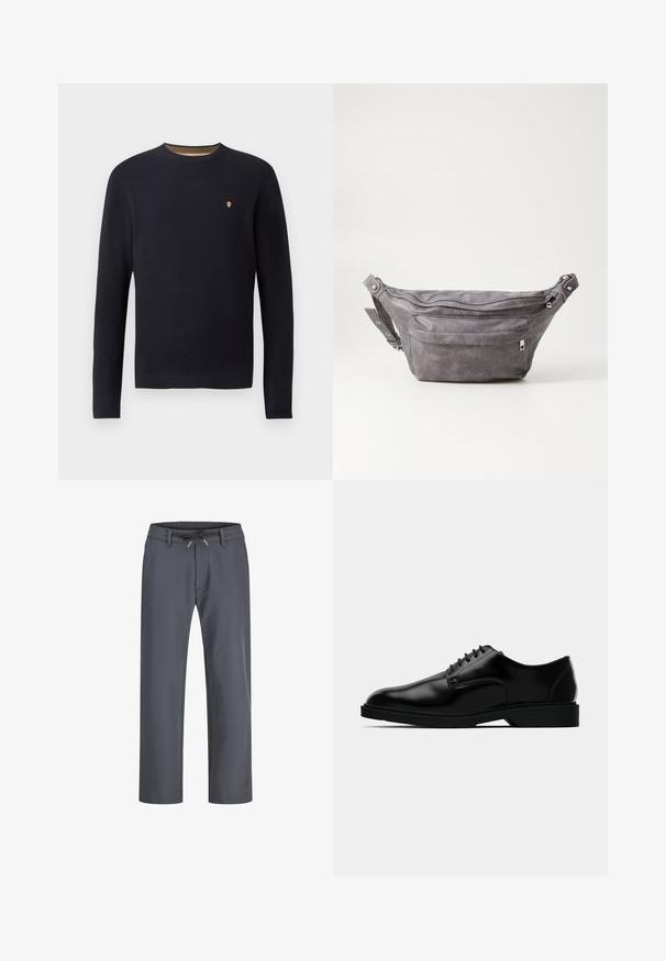 Temno modra pletena majica z okroglim izrezom, rebrastimi manšeti in majhnim emblemom na prsih. Teksturna tkanina z diskretno vzorcem.; Sive, elastične hlače z gumico in vezalko. Ravnina noge, izdelane iz gladkega materiala, imajo minimalne šive in brez vidne strojne opreme.; Črne usnjene oblečne čevlje z gladko površino, okroglim nosom, zavezovanjem in diskretnim gumijastim podplatom za oprijem.; Sivkasta zamšasta torbica s okroglo obliko, dvema žepoma na zadrgo in nastavljivim trakom. Ima kovinske dodatke.