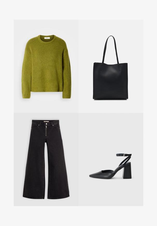 Svetr s dlouhým rukávem v olivově zelené barvě, pletený, s žebrovanými manžetami, lemem a kulatým výstřihem na bílém pozadí.; Džíny s širokými nohavicemi v černém denimovém provedení se zipem vpředu, pěti kapsami a jemnými švy. Hladká textura a ležérní styl.; Černé kožené lodičky se špičatou špičkou, kotníkovým páskem a silným podpatkem. Hladká textura, elegantní design a minimalistická estetika.; Černá kožená taška přes rameno s hladkým povrchem, obdélníkovým tvarem a dvěma dlouhými uchy. Žádné viditelné kování ani ozdoby.