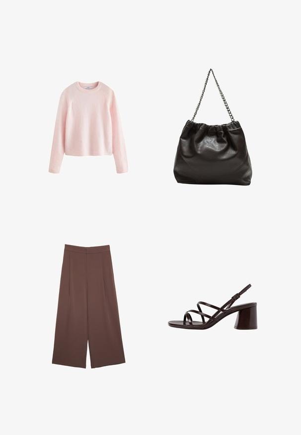 Next SOFT TOUCH CREW NECK - Strickpullover - pink blush; Braune Weite-Leg-Hosen mit einer glatten Textur, hoher Taille und Vorderfalten. Der Stoff ist leicht und fällt locker.; Braune, geschnallte High-Heel-Sandalette mit einem dicken Absatz, die über eine glatte, glänzende Oberfläche und mehrere überkreuzte Riemen im Obermaterial verfügt.; Braune Lederhandtasche mit gerafftem Oberteil und Kettenriemen. Glatte Textur mit glänzendem Finish und subtilen Nahtdetails an den Seiten.