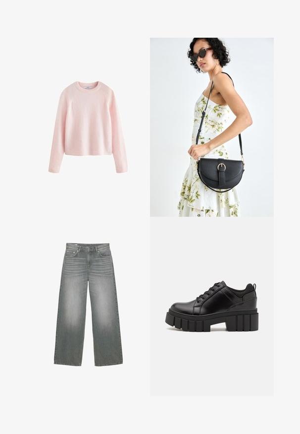 Next SOFT TOUCH CREW NECK - Pulover - pink blush; Sive široke kavbojke iz denima z rahlo zbledelim videzom, zasnovo petih žepov ter klasičnim gumbom in zadrgo.; Črne usnjene platforme z debelim blokastim petam, okroglo konico in klasičnim vezanjem. Imajo gladko teksturo in minimalne podrobnosti.; Črna usnjena torbica s ukrivljeno obliko, z odstranljivo naramnico in zlatimi dodatki. Torbica ima pokrov s podrobnostmi v obliki zaponke.