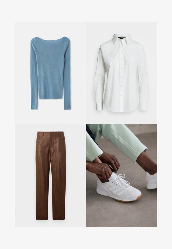 Világoskék, hosszú ujjú felső, puha kötött anyagból, széles nyakkivágással és testhez simuló szabással. A hátulja minimális varratokkal rendelkezik.; Fehér, hosszú ujjú, gombos ing, pamutból készült. Klasszikus gallérral, hét gombbal és egy diszkrét logóval, amely a mellen van hímezve.; Barna bőrnadrág sima textúrával, egyenes lábformával és két oldalzsebből áll. Jellemzője a látható varrási részletek.; Fehér sportcipő hálós felsőrésszel, gumitalppal és három csíkkal. A fűzők állítva vannak; világosszürke és mentazöld ruházat látható.