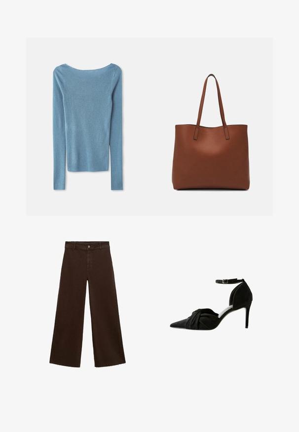 Lys blå langærmet top lavet af blødt strikket stof med en bred halsudskæring og tætsiddende silhuet. Ryggen har minimale sømme.; Brune viddebukser i en bomuldsblanding, med en frynset kant, frontknaplukning og klassisk fem-lomme design. Minimalistiske og alsidige.; Sort ruskind højhælet sko med spids tå, knyttet detalje foran, ankelrem og en tynd stiletto hæl.; Brun læder tote taske med en glat overflade, åben topdesign og to skulderremme. Har minimal syning og ingen synlig hardware.