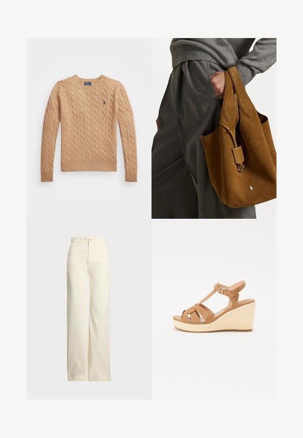 Suéter de punto beige con cuello redondo, puños y dobladillo acanalados, y un pequeño logotipo en el lado izquierdo del pecho. Tejido suave y texturizado.; Polo Ralph Lauren COTTON CORDUROY WIDE-LEG PANT - Pantalones - warm white; Sandalias de cuña en tono tostado con diseño de tiras cruzadas, hebilla ajustable en el tobillo y cuña estilo espadrille texturizada y trenzada.; Bolso tote de ante marrón con forma redondeada, doble asa y un acento de hardware metálico. Presenta un pequeño logo en la parte delantera.