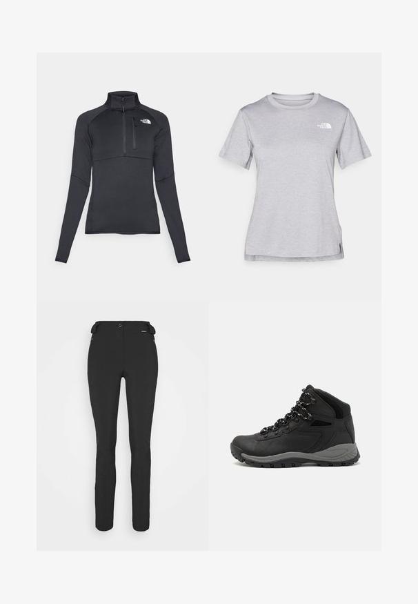Svart langermet genser med halv-zip krage, med en brystlomme og hvit logo på venstre side. Glatt, elastisk stoff.; Grå kortermet t-skjorte laget av myk, fukttransporterende stoff. Har en rund hals og en liten hvit logo på øvre venstre side.; Svart, tettsittende bukser laget av et fleksibelt materiale. Funksjoner inkluderer en glidelåslukket sidelomme, artikulerte knær og en glatt tekstur.; Sorte turstøvler med mid-topp design, som har en teksturert overdel, grå detaljer og slitesterk gummisåle med godt grep.
