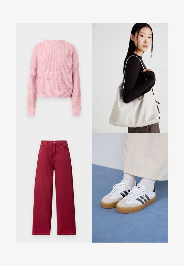 Rožinė megzta svare su raštu, laisvas siluetas, plati apvali iškirptė ir ilgomis rankovėmis, su trumpesniu stiliumi ir vientisa spalva.; Platus kojos kelnės giliame burbuliukų atspalvyje, pagamintos iš tvirto džinsinio audinio, su priekinėmis kišenėmis ir mygtuko užsegimu juosmens dalyje.; Baltos sportbačiai su noir juostomis ir šviesiai rudos zomšos akcentais. Yra tekstūruota gumos padas ir plokščiomis baltomis raištelėmis, dėvimi su šviesiai spalvotomis kojinėmis.; Bežinė rankinė, pagaminta iš minkštos medžiagos, turinti laisvą dizainą, siuvinėtas detalės ir dvi petnešos. Tinkama kasdieniam naudojimui.