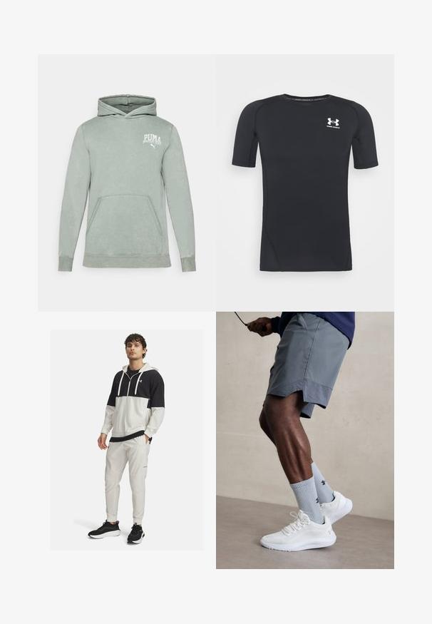 Gaiši zaļa kapuce, izgatavota no mīkstas auduma, ar klēpja kabatu, regulējamu kapuci un baltu PUMA logo uz krūškurvja.; Melnas īsās piedurknes sporta krekliņš izgatavots no mitrumu absorbējoša, elastīga auduma. Tam ir apaļa kakla izgriezuma forma un neliels balts logo krūšu rajonā.; Melna un balta sporta jaka ar kapuci un rāvējslēdzēju; kombinēta ar baltām sporta biksēm ar kabatām un elastīgiem piedurknēm; melni sporta apavi.; Baltas sporta apavu pāris ar strukturētu acs virsu, apvienots ar gaiši zilo riboto zeķu pāri, kurā ir zīmols. Pelēki sporta šorti ar perforētu apdari.