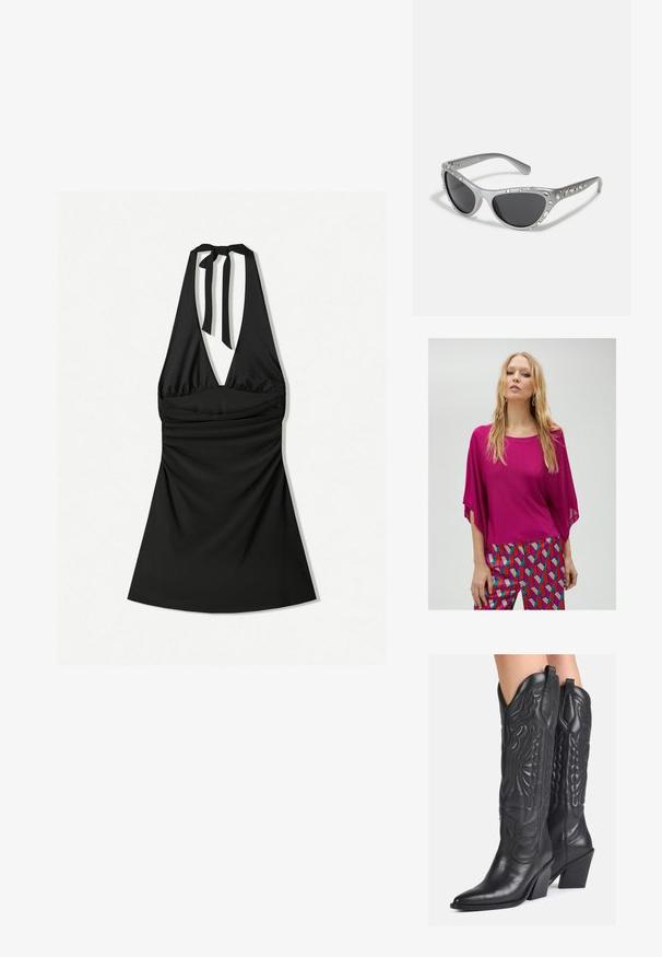 Fuchsia oversized top met een zachte textuur en wijde mouwen, gecombineerd met levendige, gestreepte broeken met geometrische vormen in rood, blauw en beige.; Zwarte halterjurk met een diep uitgesneden decolleté, gerimpelde body en een strik bij de hals. De stof is soepel en licht glanzend.; Zwarte leren cowboylaarzen met complexe geperste ontwerpen, een puntige neus en een stevige hak. Voorzien van gestikte accenten en trekbanden.; Zilveren cat-eye zonnebril met donkere lenzen, versierd met heldere edelsteenaccenten langs het montuur. Mat afgewerkt met een gebogen pootontwerp.