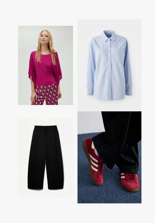Fuksian värinen ylisuuri paita, jossa on pehmeä kangas ja leveät hihat, yhdistettynä kirkkaihin kuviollisiin housuihin, joissa on geometrisia muotoja punaisessa, sinisessä ja beigen sävyssä.; Vaaleansininen napitettava paita, jossa on pystysuoria raitoja, pitkät hihat, rintatasku ja logotagi helmassaan. Pehmeä kangas, jolla on sileä pinta.; Mustat leveät housut, joissa on joustava vyötärö ja kiristysnauha. Pehmeä kangas, jossa on sileä pinta. Suora leikkaus, jossa on sivusaumat.; Punainen mokkanahkainen lenkkari, jossa on valkoiset raidat, nauhavalikoima ja teksturoitu ruskea kumipohja. Yhdistetty mustiin housuihin, sinisen maton taustalla.