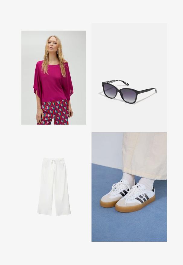 Fuchsia oversized Oberteil mit einer weichen Textur und weiten Ärmeln, kombiniert mit lebhaft gemusterten Hosen mit geometrischen Formen in Rot, Blau und Beige.; Weiße, weite Hosen aus weichem Stoff, mit einem Kordelzug in der Taille und zwei vorderen Taschen. Glatte Textur und keine sichtbaren Muster.; Weiße Sneaker mit schwarzen Streifen und beigen Wildlederakzenten. Besitzen eine strukturierte Gummisohle und flache weiße Schnürsenkel, getragen mit hellen Socken.; Schwarze Sonnenbrille mit verlaufenden Gläsern, quadratischer Form und einem strukturierten schwarz-weißen Muster an den Bügeln. Mit einem silbernen Logoakzent.