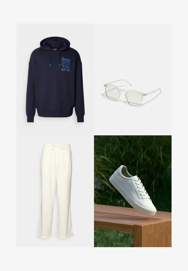 Felpa blu navy realizzata in tessuto morbido, con una grafica blu ricamata sul petto, cappuccio con coulisse e polsini e orlo a coste.; Pantaloni in lino di colore bianco sporco con vita regolabile, gamba leggermente ampia e orli arrotolati per un fit rilassato. Senza tasche.; Sneaker bianco con lacci sospeso sopra una panchina di legno, con fogliame verde sullo sfondo, che mette in mostra il design e la texture della scarpa.; Occhiali da sole rotondi con una montatura trasparente, lenti verde chiaro e stemmi sottili e trasparenti. Presentano sottili dettagli hardware sulla montatura.