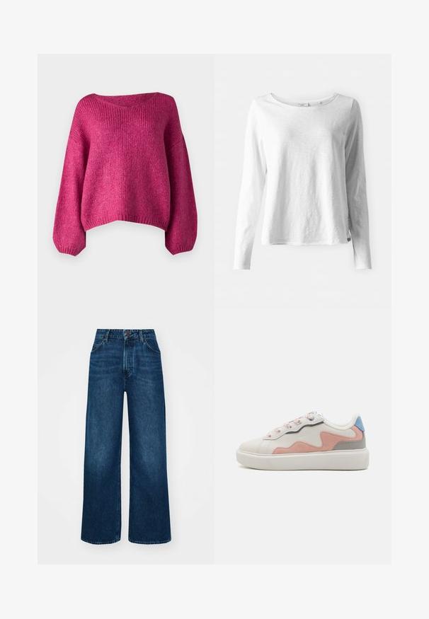 JDY JDYDINEA L/S REVERSIBLE - Pulóver - cactus flower; Hosszú ujjú, fehér póló puha, könnyű anyagból; kerek nyakkal és enyhén laza szabással rendelkezik; címke látható az oldalon.; Magas derekú, széles szárú farmernadrág sötétkék denimből, sima tapintással, kontrasztos varrással és öt zsebes kialakítással. Elöl gombos záródás.; Alacsony szárú sportcipők, fehér szintetikus felsőrésszel, rózsaszín és szürke velúrbetétekkel, texturált fehér gumitalppal és színes fűzőkkel.