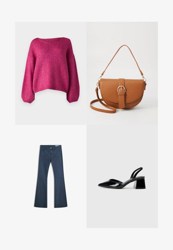 JDY JDYDINEA L/S REVERSIBLE - Neule - cactus flower; Tummansiniset leveälahkeiset farkut, joissa on tikatut taskut, nappisuljenta ja sileä pinta. Ominaisuuksiin kuuluu klassinen viiden taskun muotoilu.; Mustat patentoitu nahkakengät, joissa on säären takaosa ja terävä kärki, sekä geometrinen palikkakorko. Sisältää tyylikkään, minimalistisen muotoilun ja sileän pinnan.; Ruskean nahkainen olkalaukku, jossa on kaareva muoto, kultaiset yksityiskohdat ja solkiyksityiskohta. Varustettu irrotettavalla olkahihnalla.