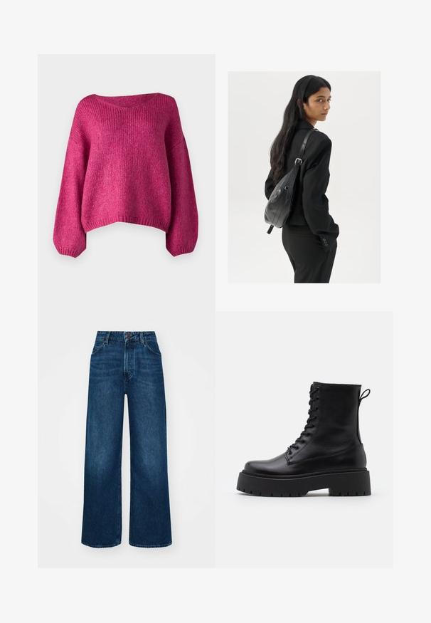 JDY JDYDINEA różowy; Jeans o wysokim stanie i szerokich nogawkach w ciemnoniebieskim deninie o gładkiej fakturze, z kontrastowymi szwami i pięcioma kieszeniami. Zapięcie na guzik z przodu.; Czarne skórzane botki za kostkę z okrągłym noskiem, sznurówką z przodu i grubą gumową podeszwą z teksturowanym bieżnikiem. Pętelka do zakładania z tyłu.; Kobieta z długimi ciemnymi włosami, ubrana w czarny garnitur, trzymająca czarną skórzaną torbę na ramię, spoglądająca przez ramię na białym tle.
