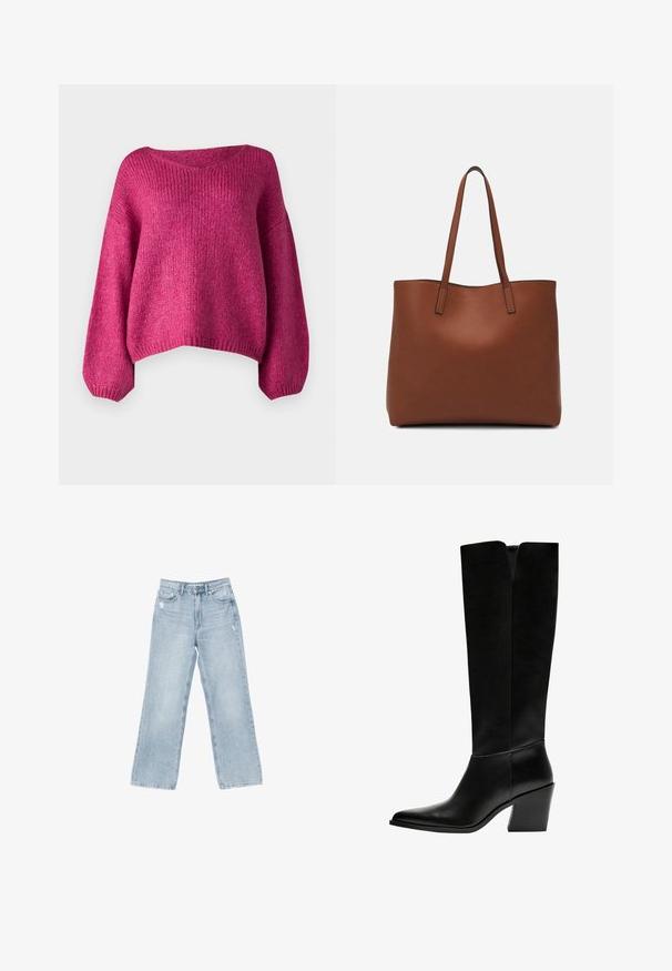 JDY JDYDINEA L/S REVERSIBLE - Strickpullover - cactus flower; Hellblaue Jeans aus Denim mit weiter Beinform, mit Used-Details, fünf Taschen und einem Reißverschluss.; Schwarze kniehohe Stiefel aus glattem Leder, mit spitzem Schuhbund, einem Blockabsatz und einem V-förmigen Ausschnitt an der Oberseite.; Braune Leder-Tote mit glatter Textur, offenem Oberteil und zwei Schulterriemen. Verfügt über minimale Nähte und keine sichtbaren Beschläge.