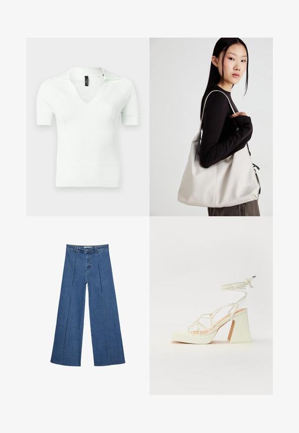 Polo en maille côtelée blanche avec col en V et manches courtes, présentant un tissu texturé et un léger éclat.; Jeans en denim à jambes larges de couleur bleu moyen, présentant une taille haute, une fermeture à bouton et des détails de couture verticaux contrastants à l'avant.; Sandale blanche à talons hauts avec un talon épais, présentant un design à lanières et un lien autour de la cheville. Texture lisse avec une plateforme à l'avant pour une hauteur supplémentaire.; Sac à main beige en matériau souple, avec un design décontracté, des détails cousus et deux poignées. Idéal pour un usage quotidien.