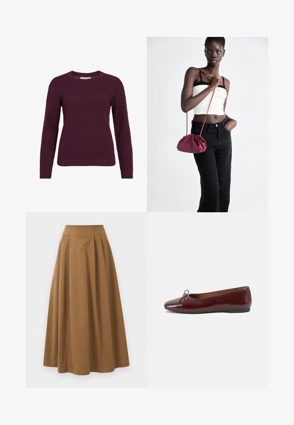 Burgundský svetr s texturovaným, včelím vzorem, kulatým výstřihem, dlouhými rukávy a žebrovanými manžetami a spodním lemem.; Hnědá bavlněná sukně ve stylu A s vysokým pasem, se sklady na přední straně a hladkou texturou. Lemování je čisté a jednoduché.; Burgundské lakové baleríny s kulatou špičkou, malou mašlí vpředu a nízkou černou gumovou podrážkou. Hladký povrch.; Burgundská měkká taška s nabíraným designem a dlouhým popruhem, nošená přes tělo. Model má na sobě bílý crop top a černé džíny.