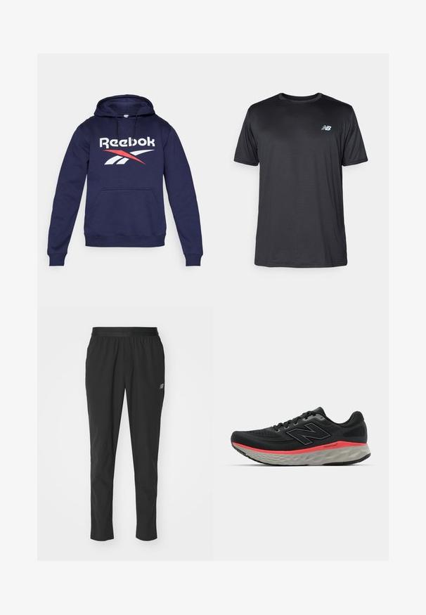Felpa blu navy in tessuto morbido, con tasca frontale, cappuccio con cordino e un grande logo Reebok in bianco e rosso.; New Balance T-Shirt sport - black; Pantaloni sportivi neri realizzati in materiale leggero, con una vita elastica, design affusolato e un discreto dettaglio del logo sul lato.; Scarpa da corsa nera con tomaia in mesh, accentuata da una striscia rosa nella suola intermedia e una suola grigia. Presenta dettagli testurizzati e un design della suola flessibile.