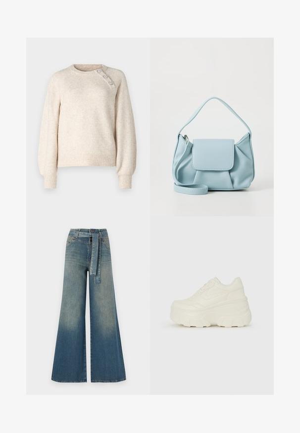 ONLY ONLLAUREN O NECK BUTTON - Pulover - oatmeal; Široke jeans hlače z gradientom od svetlo do temno modre, visokim pasom, zankami za pas in pasom iz istega materiala. Tekstura denim končnica.; Bele platformske tene z belim zgornjim delom, ki spominja na usnje, okroglo obliko, oblazinjen ovratnik ter gumo z teksturo na podplatu z izrazitimi profili.; Svetlo modra usnjena torbica z zgornjim ročajem, sprednjim žepom s preklopom in odstranljivim zapestnim trakom na beli podlagi.