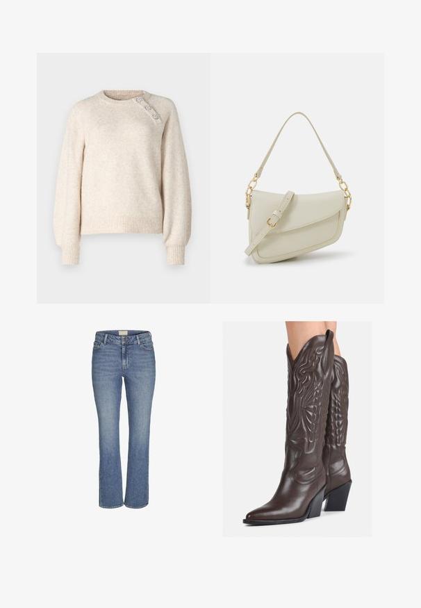 ONLY ONLLAUREN O NECK BUTTON - Maglione - oatmeal; Jeans in denim blu medio con gamba dritta, chiusura frontale con bottone e zip, passanti per cintura e tasche anteriori e posteriori.; Stivali da cowboy in pelle marrone con punta affusolata e tacco a blocco, caratterizzati da dettagliati ricami e accenti rialzati sul gambale.; Piccola borsa a tracolla crema con finitura testurizzata, una lunga tracolla regolabile, un accento a catena e chiusura a patta. Dettagli in hardware dorato.; Orecchini a cerchio in argento con un design torciglionato, caratterizzati da una finitura lucida e chiusura a perno. Misurano circa 3 cm di diametro.