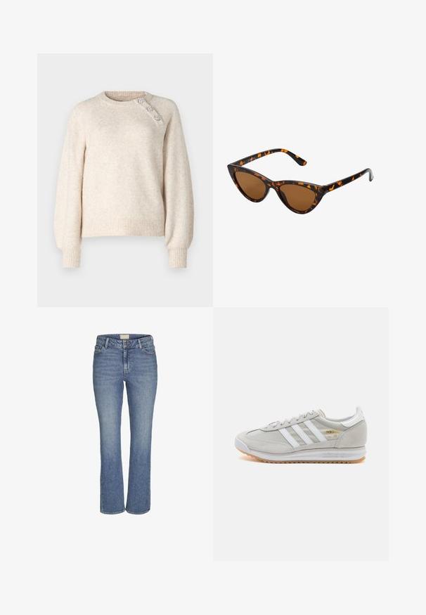 ONLY ONLLAUREN O NECK BUTTON - Neule - oatmeal; Kesällysin suoralahkeiset farkut, jotka ovat keskipitkän sinisen väriset ja joissa on edessä nappi- ja vetoketjukiinnitys, vyölenkit sekä etu- ja takataskut.; Vaaleanharmaat sneakerit, jotka on valmistettu mokasta ja verkosta, sisältäen kolme valkoista raitaa, pyöreän kärjen ja kumisen pohjan. Kultainen logo yksityiskohta nauhojen läheisyydessä.; Kattöga solglasögon med en svart och orange sköldpaddsmönstrad båge, bruna linser och slanka, spetsiga spetsar. Har en minimal logotyp på skalmen.