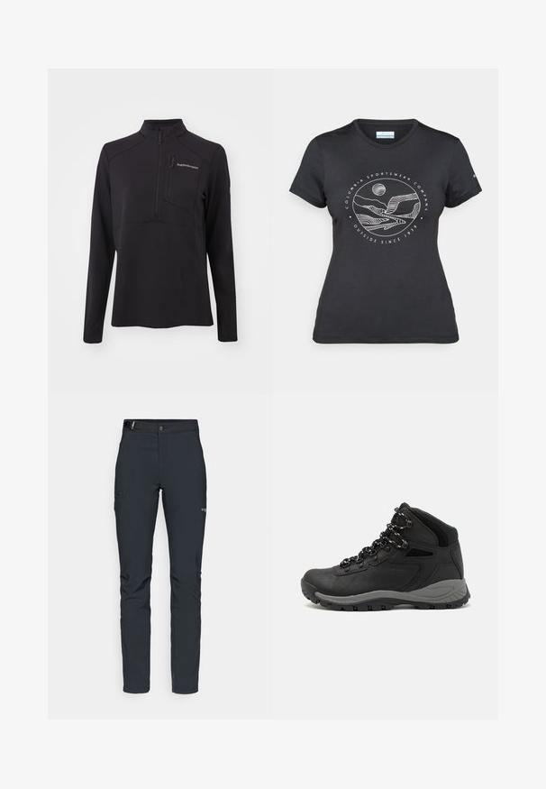 Pullover preto de manga longa feito de material texturizado, apresentando um fecho de meia-zíper, gola alta e um bolso no peito com zíper. Logotipo da marca na parte da frente.; T-shirt preto da Columbia com arte em linha branca circular representando montanhas e rios, e o texto "Columbia Sportswear Company Outside Since 1938."; Calças de exterior para homens, cinza escuro, feitas de material flexível, com cinto, bolsos com fecho éclair e costuras reforçadas.; Bota de caminhada preta com design de cano médio, apresentando um upper texturizado, detalhes cinzentos e sola de borracha durável com cravos de tração.